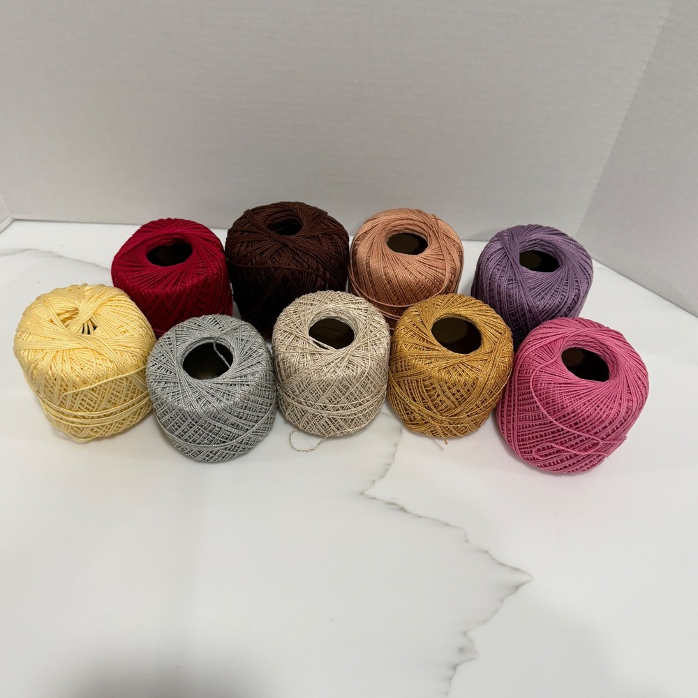 Lot of 9 Crochet Tatting Thread Spools Multicolor Metallic Shimmer Fine Weight